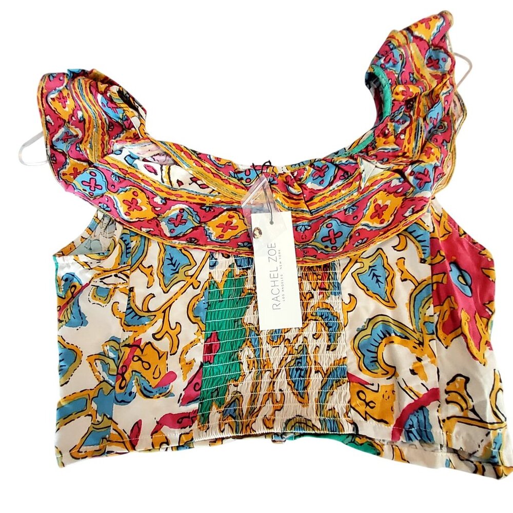 Rachel Zoe Womens Multicolor Floral Button Front Crop Top M ruffled neckline - Picture 2 of 8